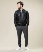 Rib Neck Bomber Style Leather Jacket