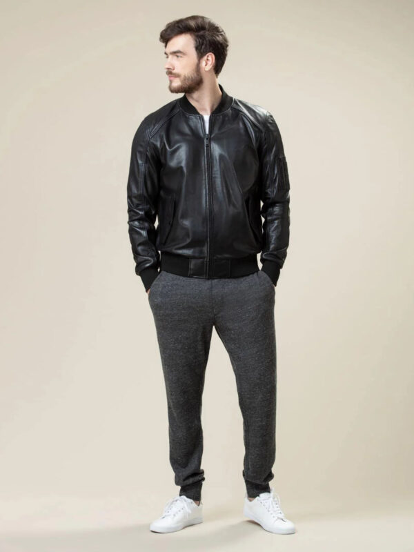 Rib Neck Bomber Style Leather Jacket