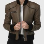 Ribbed Elegance Women Olive Bomber Leather Jacket