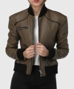 Ribbed Elegance Women Olive Bomber Leather Jacket
