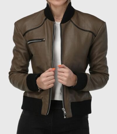 Ribbed Elegance Women Olive Bomber Leather Jacket