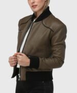 Ribbed Elegance Women Olive Bomber Leather Jacket
