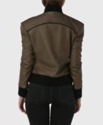 Ribbed Elegance Women Olive Bomber Leather Jacket