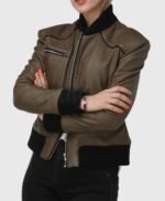 Ribbed Elegance Women Olive Bomber Leather Jacket