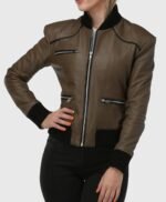 Ribbed Elegance Women Olive Bomber Leather Jacket