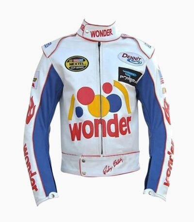 Ricky Bobby Racing Biker Jacket White Leather Jacket