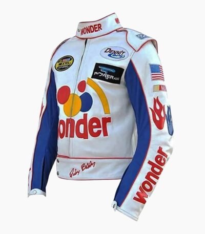 Ricky Bobby Racing Biker Jacket White Leather Jacket