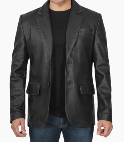 Samuel Black Two Button Mens Leather Blazer