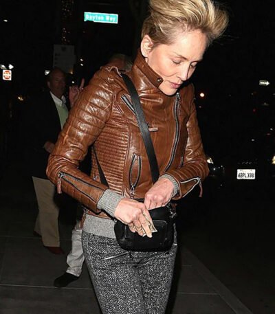 Sharon Stone Brown Leather Jacket