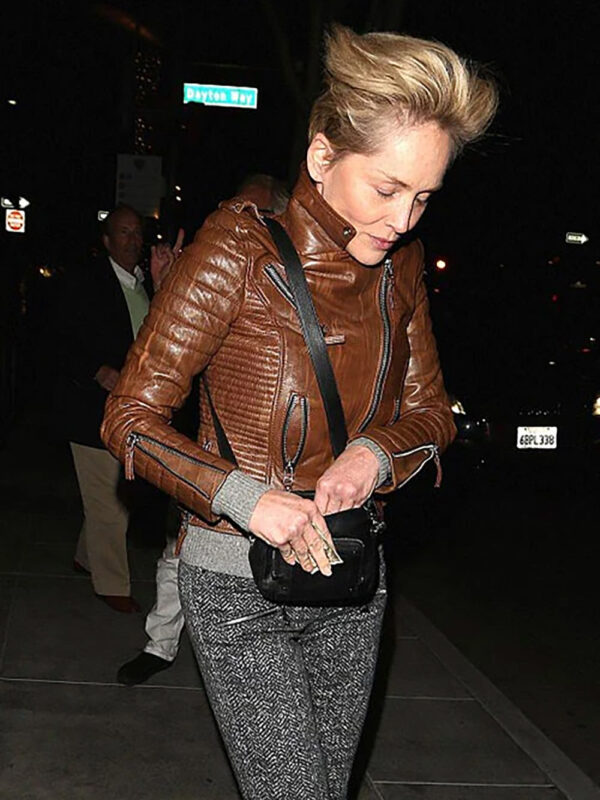 Sharon Stone Brown Leather Jacket
