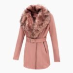 Shearling Pink Coat with Faux Fur Collar Long Coat In Leather For Women