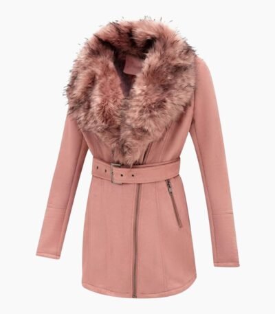 Shearling Pink Coat with Faux Fur Collar Long Coat In Leather For Women