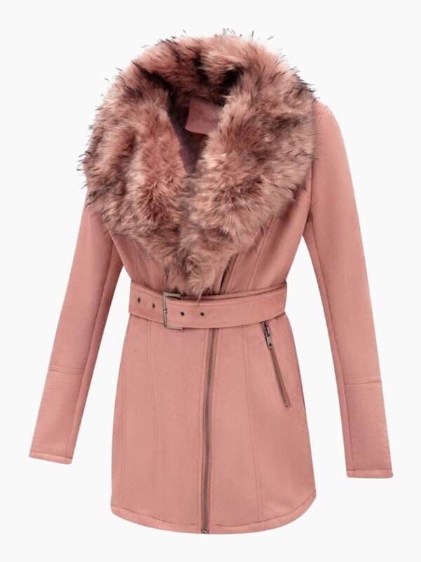 Shearling Pink Coat with Faux Fur Collar Long Coat In Leather For Women