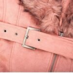 Shearling Pink Coat with Faux Fur Collar Long Coat In Leather For Women