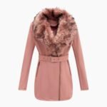 Shearling Pink Coat with Faux Fur Collar Long Coat In Leather For Women