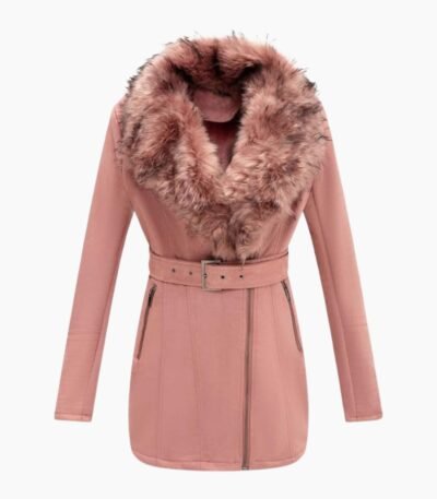 Shearling Pink Coat with Faux Fur Collar Long Coat In Leather For Women