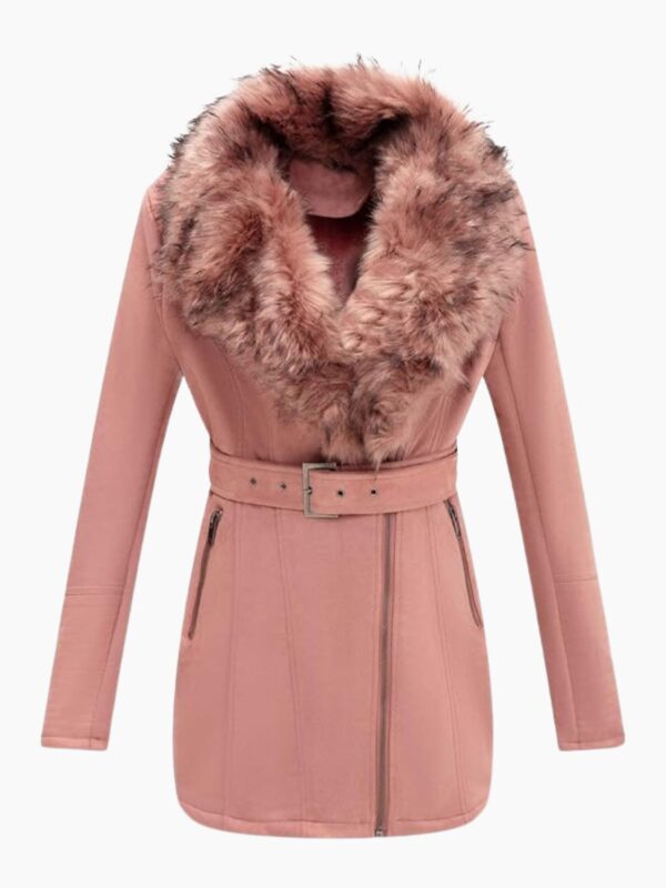 Shearling Pink Coat with Faux Fur Collar Long Coat In Leather For Women