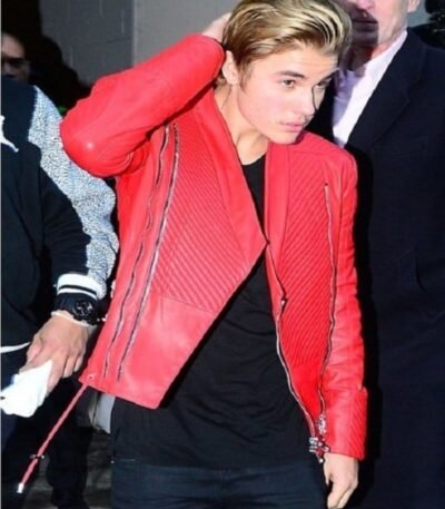 Singer Justin Bieber Red Leather Jacket