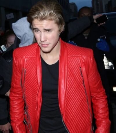 Singer Justin Bieber Red Leather Jacket