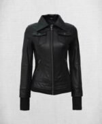Stylish Black Leather Bomber Jacket with Hood