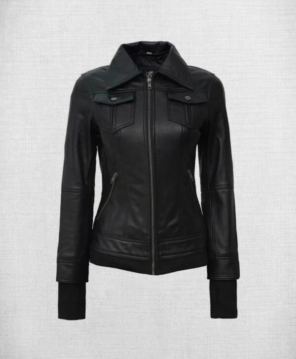 Stylish Black Leather Bomber Jacket with Hood