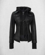 Stylish Black Leather Bomber Jacket with Hood