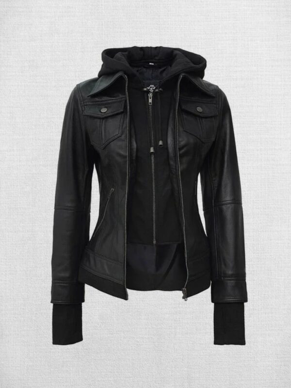 Stylish Black Leather Bomber Jacket with Hood