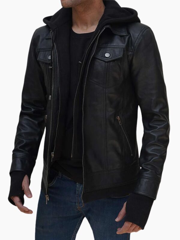 Stylish Black Leather Bomber Jacket with Removable Hood