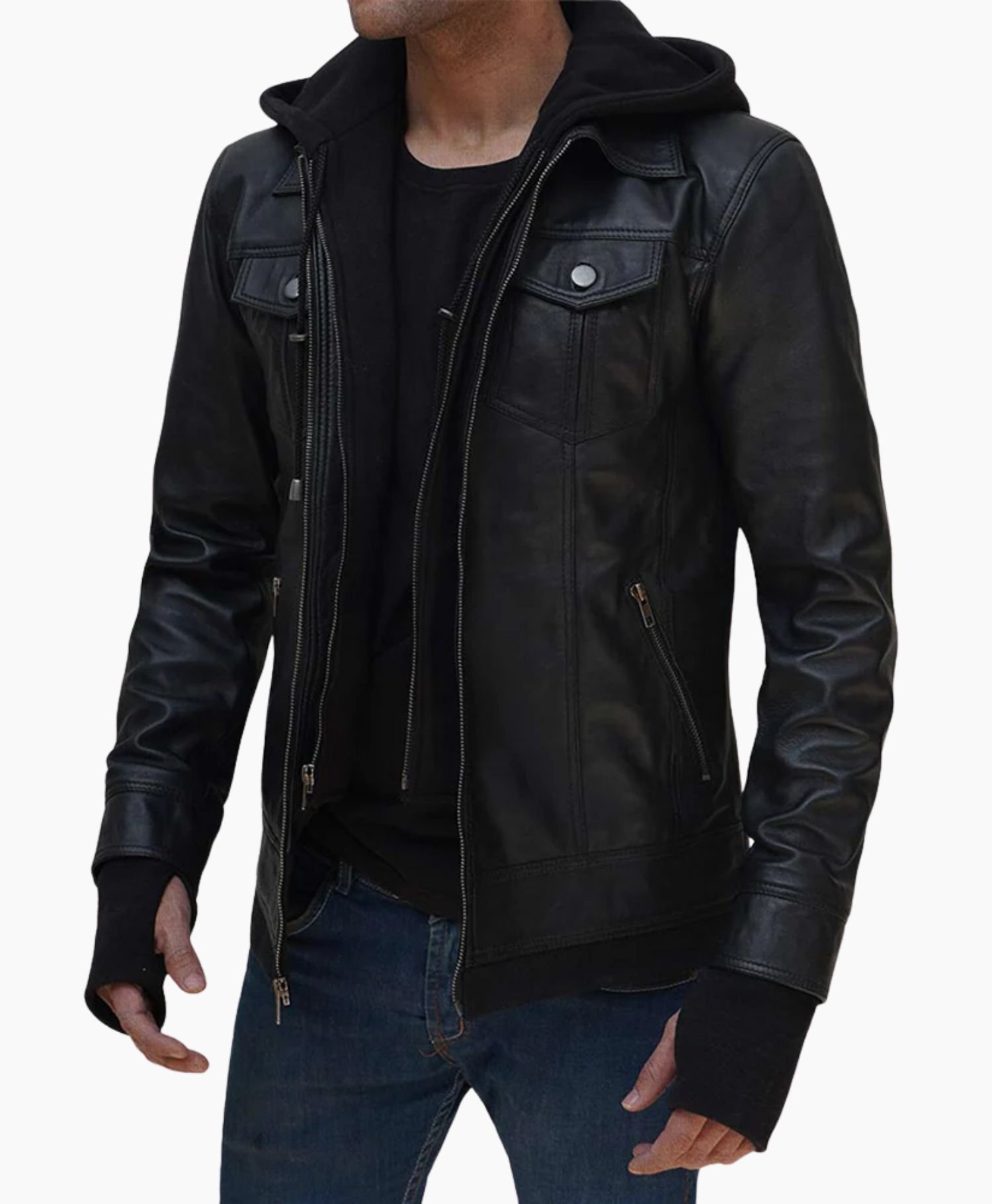 Stylish Black Leather Bomber Jacket with Removable Hood Stylish Black Leather Bomber Jacket with Removable Hood