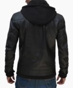 Stylish Black Leather Bomber Jacket with Removable Hood
