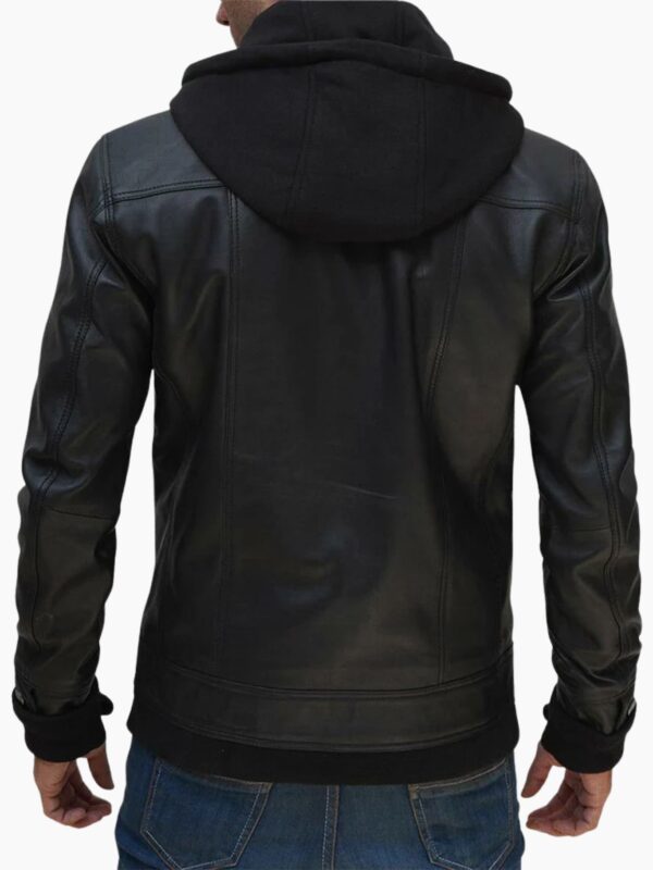 Stylish Black Leather Bomber Jacket with Removable Hood