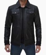 Stylish Black Leather Bomber Jacket with Removable Hood