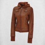 Stylish Brown Leather Bomber Jacket with Hood