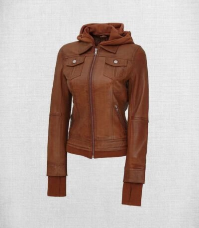 Stylish Brown Leather Bomber Jacket with Hood