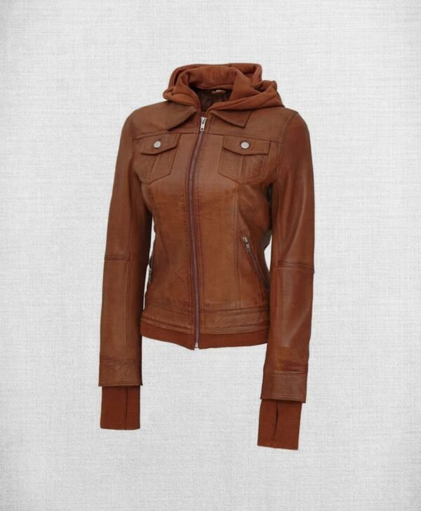 Stylish Brown Leather Bomber Jacket with Hood