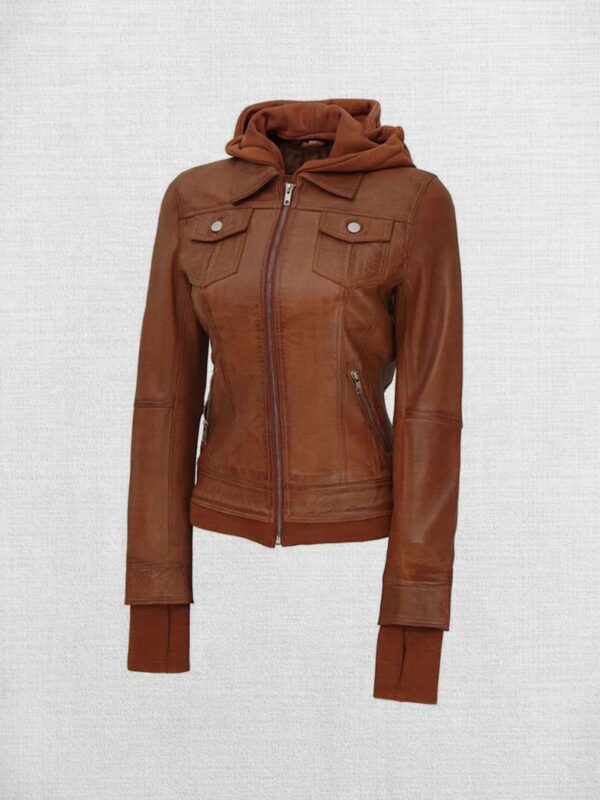 Stylish Brown Leather Bomber Jacket with Hood