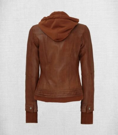Stylish Brown Leather Bomber Jacket with Hood