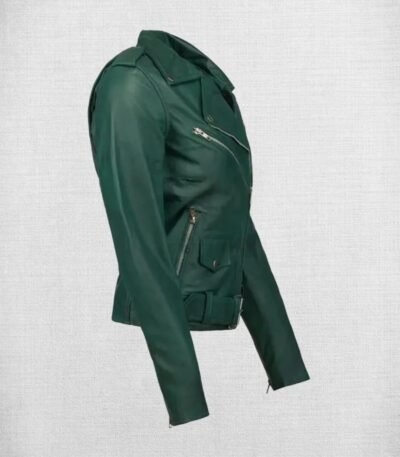 Stylish Green Leather Biker Jacket For Women