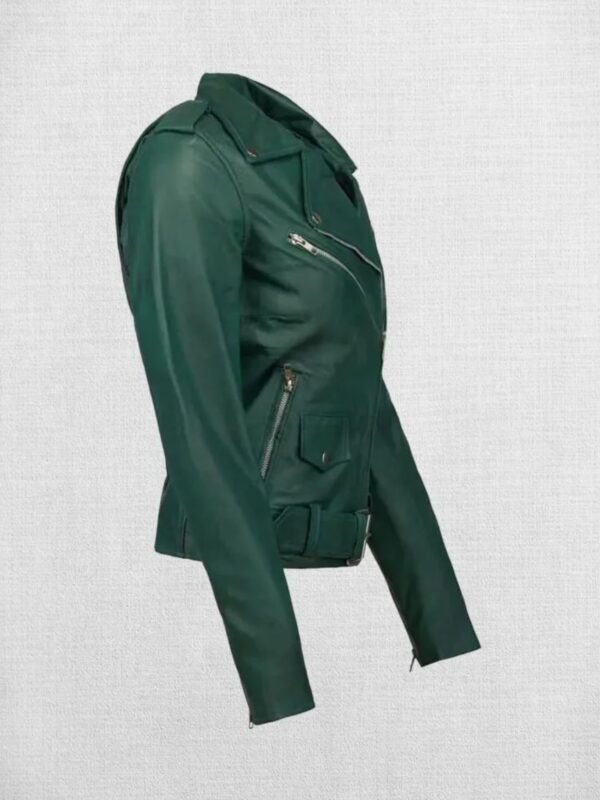 Stylish Green Leather Biker Jacket For Women