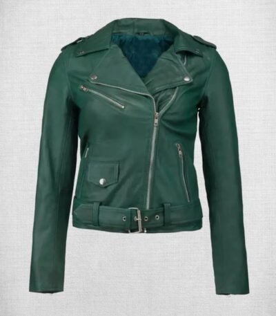 Stylish Green Leather Biker Jacket For Women
