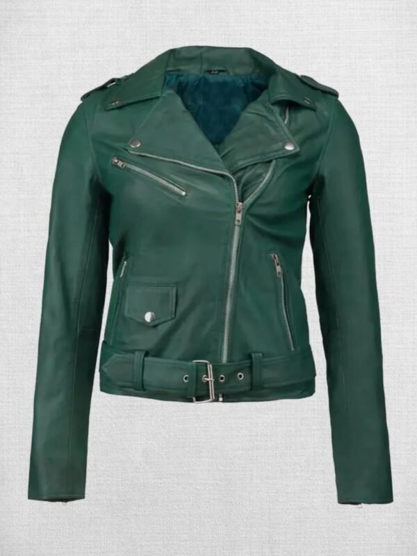 Stylish Green Leather Biker Jacket For Women
