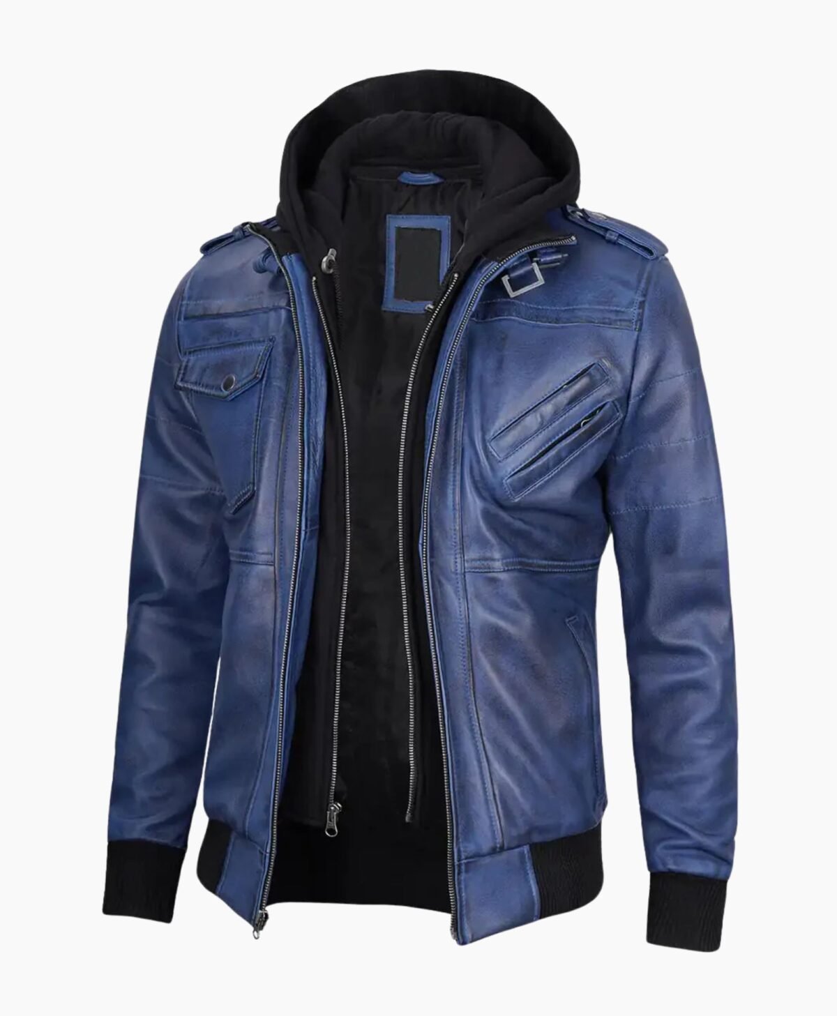 Stylish Mens Blue Leather Jacket with Removable Hood Stylish Mens Blue Leather Jacket with Removable Hood