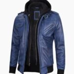 Stylish Mens Blue Leather Jacket with Removable Hood