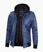 Stylish Mens Blue Leather Jacket with Removable Hood