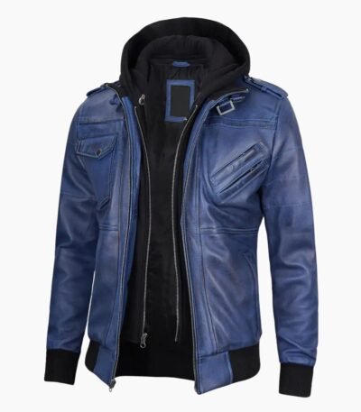 Stylish Mens Blue Leather Jacket with Removable Hood