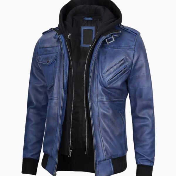 Stylish Mens Blue Leather Jacket with Removable Hood