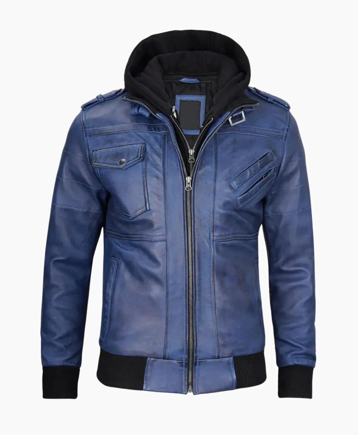 Stylish Mens Blue Leather Jacket with Removable Hood