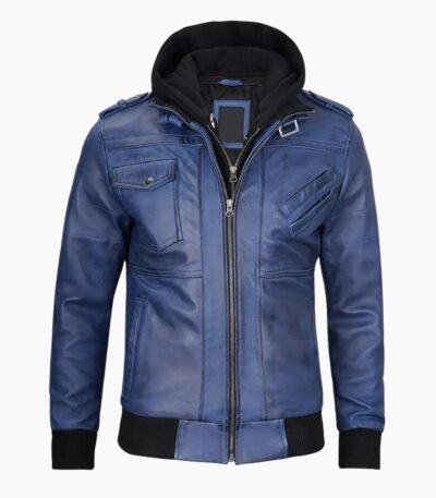Stylish Mens Blue Leather Jacket with Removable Hood