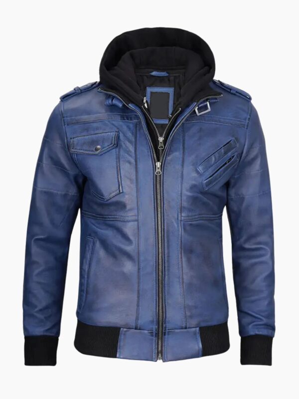 Stylish Mens Blue Leather Jacket with Removable Hood
