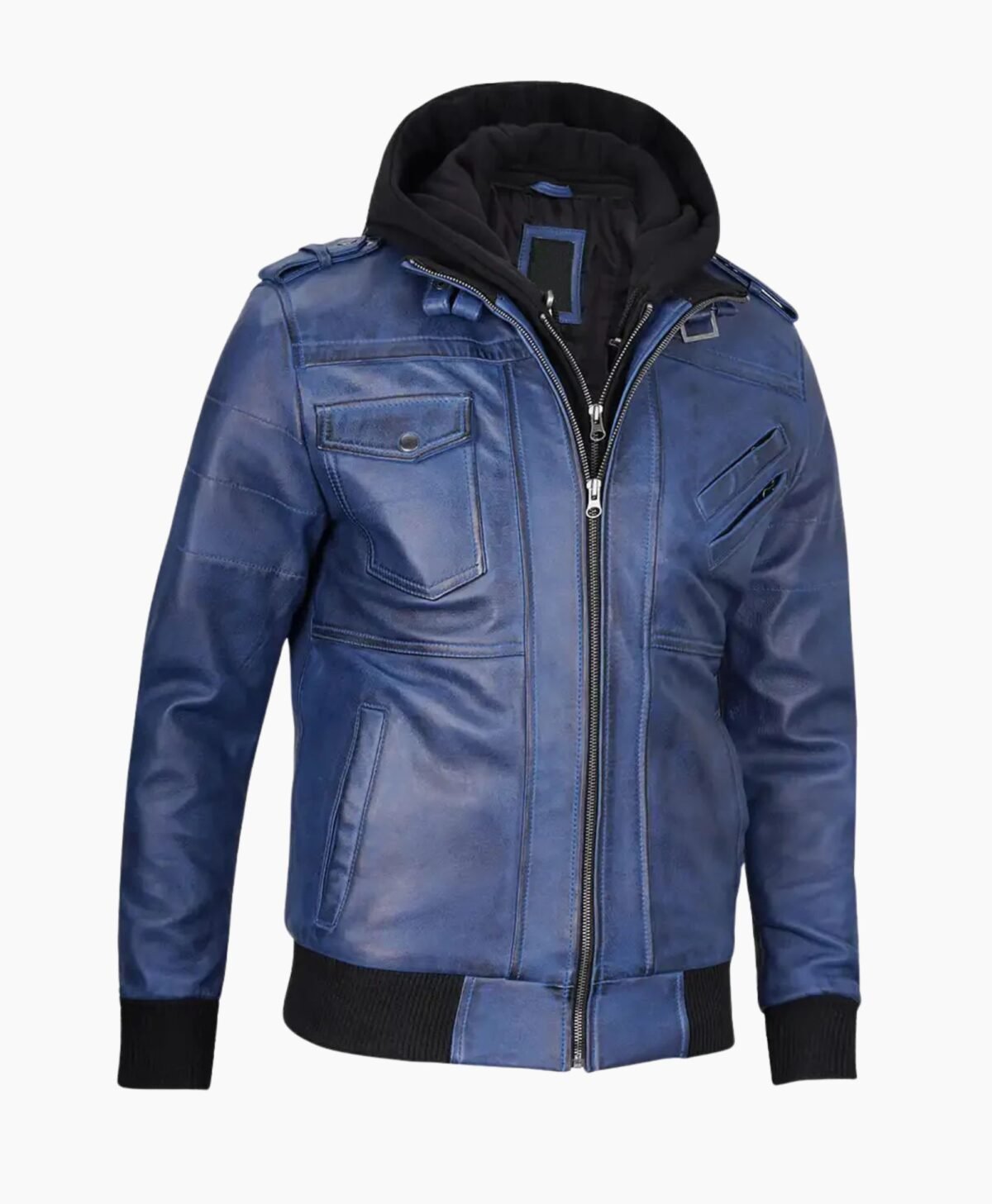 Stylish Mens Blue Leather Jacket with Removable Hood